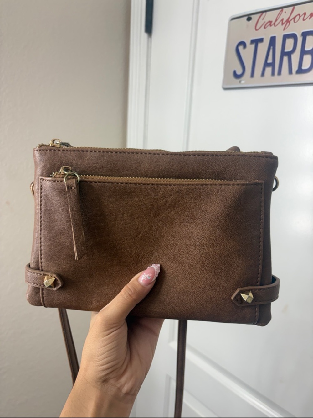 Antik Kraft Brown Faux Leather Crossbody Bag with Gold Hardware